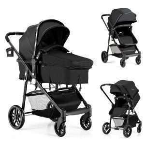 BABY JOY Baby Stroller, 2 in 1 Convertible Carriage Bassinet to Stroller, Pushchair with Foot Cover, Cup Holder, Large Storage Space, Wheels Suspension, 5-Point Harness - 1