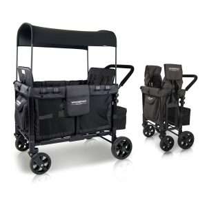 WONDERFOLD W4 4 Seater Multi-Function Quad Stroller Wagon with Removable Raised Seats and Slidable Canopy, Black - 1