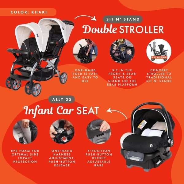 Baby Trend Infant and Toddler Double Stroller & Car Seat Combo, 2 Pc Set, Khaki - 3