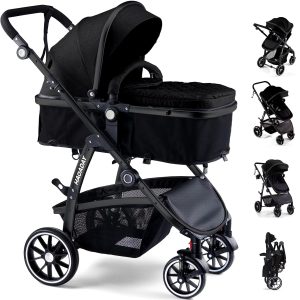 Baby Stroller, 2-in-1 Reversible Toddler Seat with Lie-Flat Mode, Foldable Infant Stroller with Canopy, One Button Brake, Adjustable Handle, Newborn Pushchair - 1
