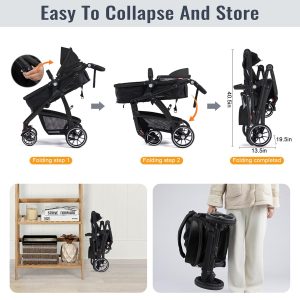 Baby Stroller, 2-in-1 Reversible Toddler Seat with Lie-Flat Mode, Foldable Infant Stroller with Canopy, One Button Brake, Adjustable Handle, Newborn Pushchair - 7