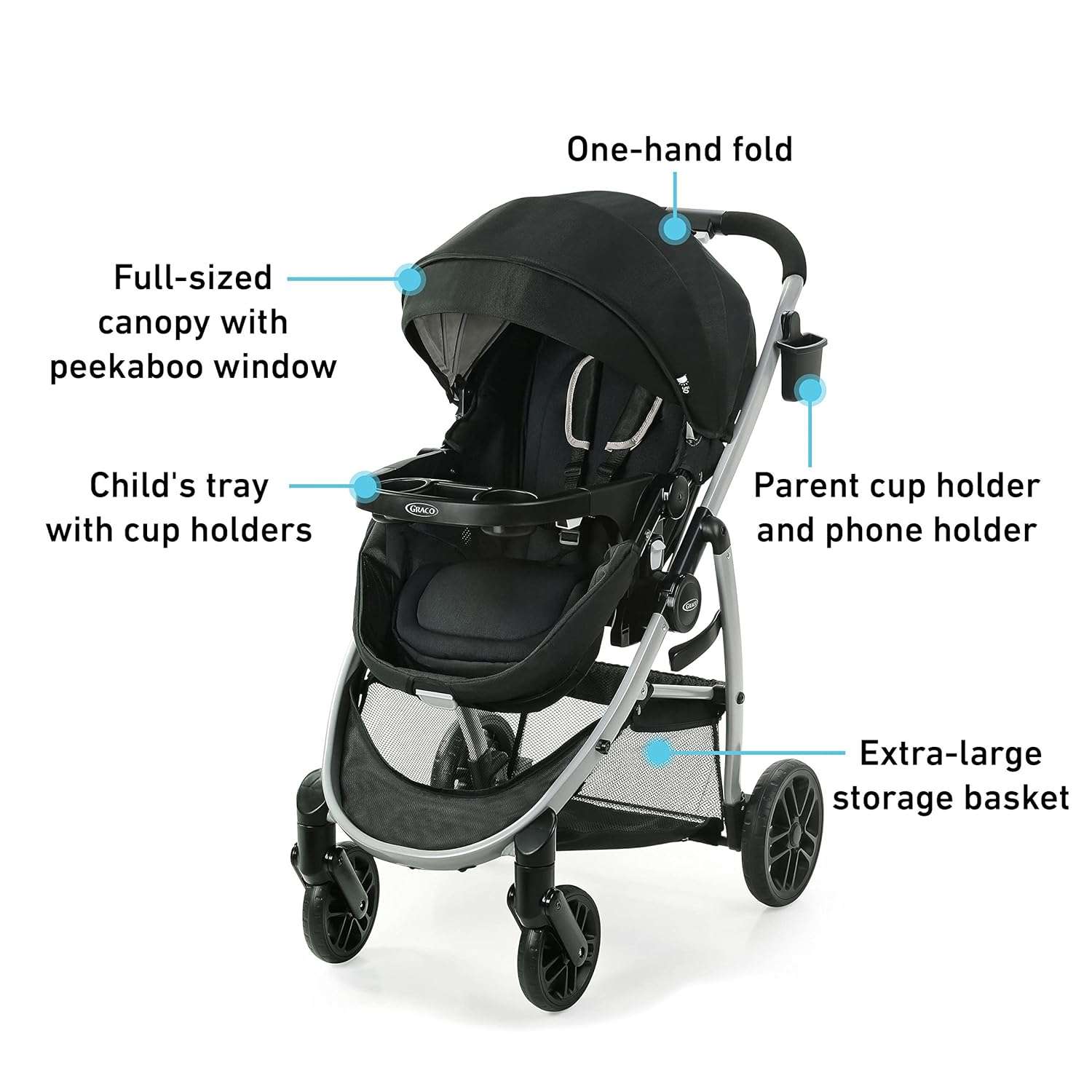 Graco Modes Pramette Stroller, Baby Stroller with True Pram Mode, Reversible Seat, One Hand Fold, Extra Storage, Child Tray, Pierce - 6