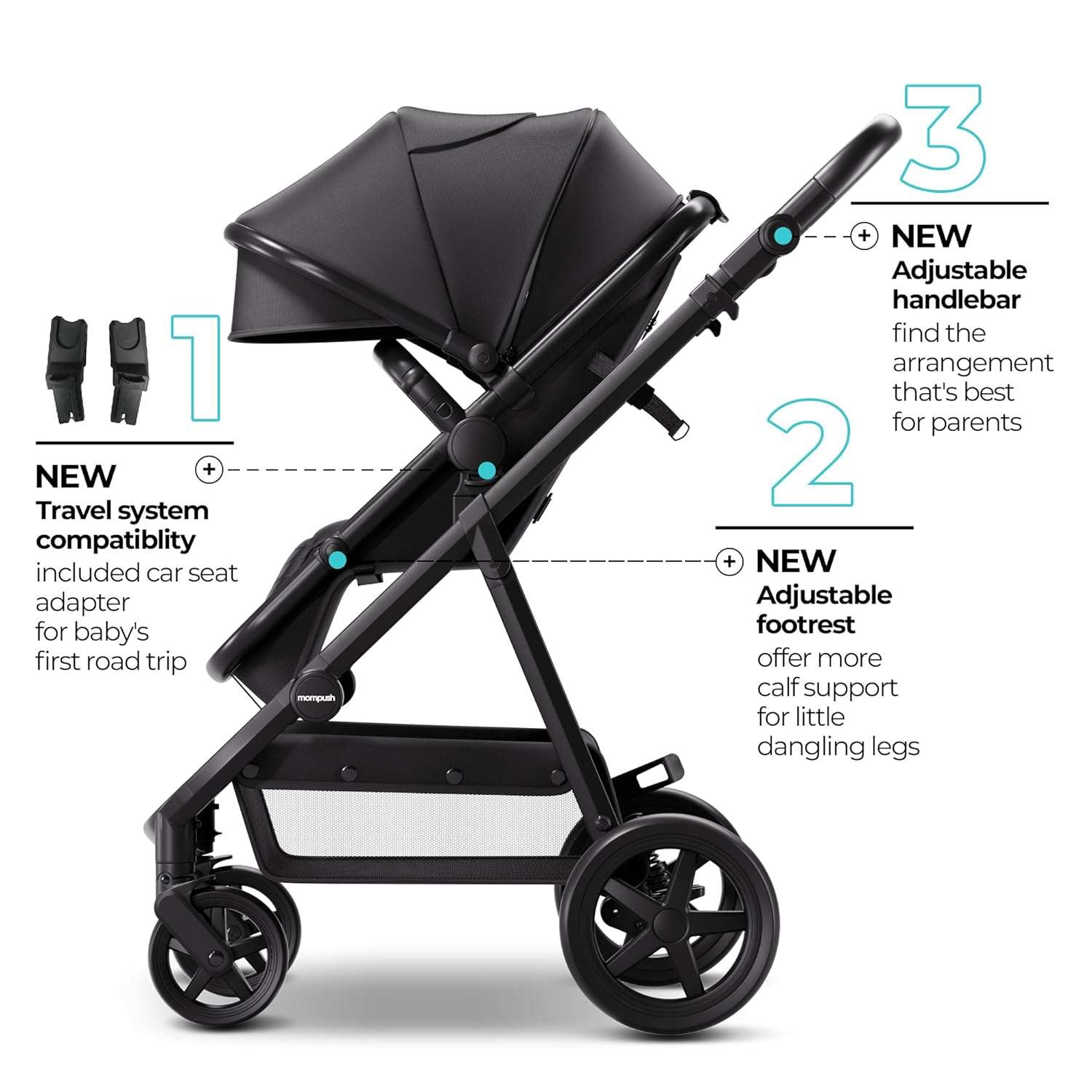 Mompush Meteor2 Baby Stroller 2-in-1 with Bassinet Mode - Compatible with Infant Car Seat, Adapter Included - Stable Bassinet Stroller Combo, Full-Size Baby Strollers for Family Outings - 2