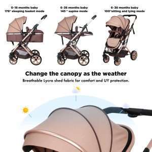 2 in 1 Convertible Baby Stroller Newborn Reversible Bassinet Pram, Foldable Pushchair with Adjustable Canopy Folding High Landscape Infant Carriage, Anti-Shock Toddler Pushchair - 2
