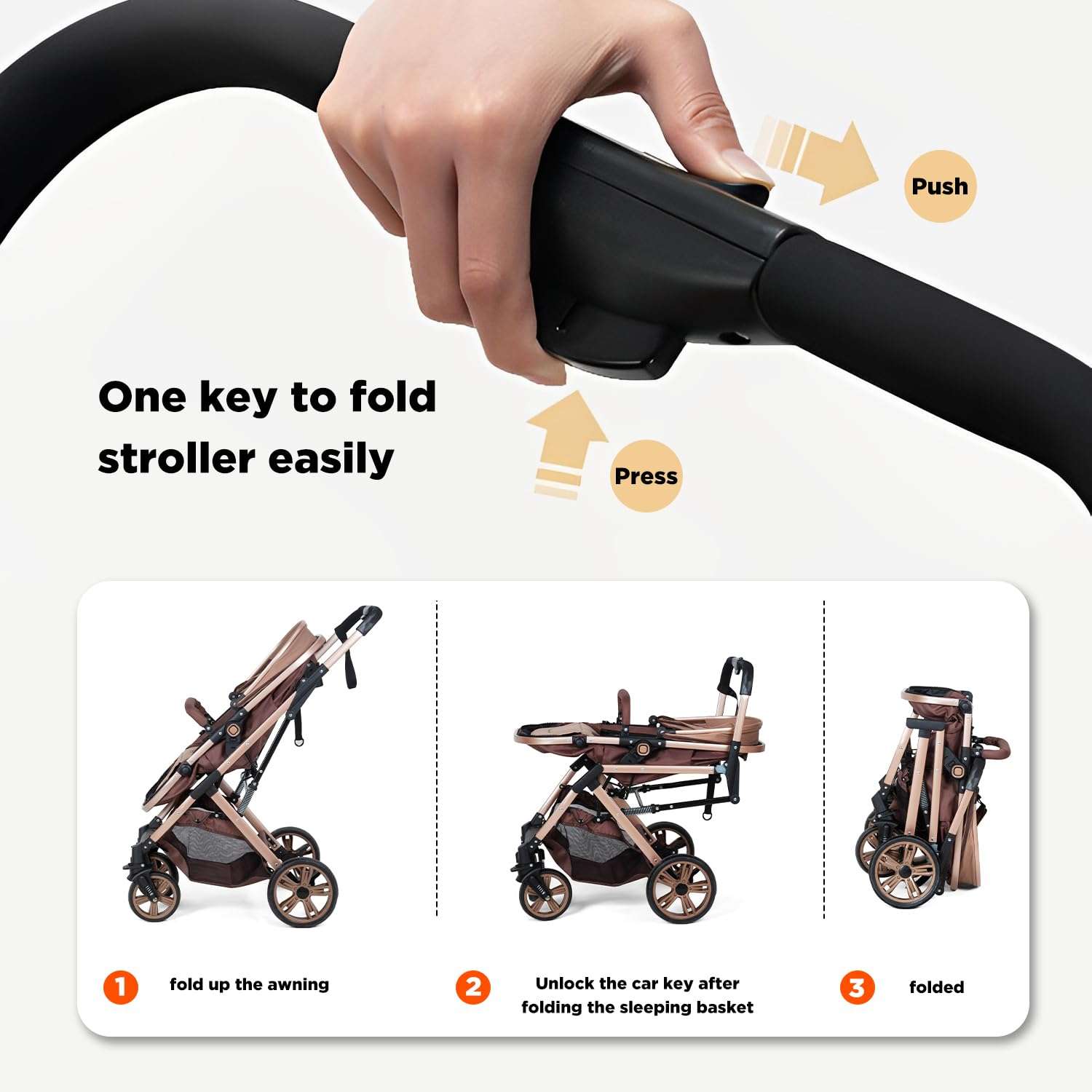 2 in 1 Convertible Baby Stroller Newborn Reversible Bassinet Pram, Foldable Pushchair with Adjustable Canopy Folding High Landscape Infant Carriage, Anti-Shock Toddler Pushchair - 4