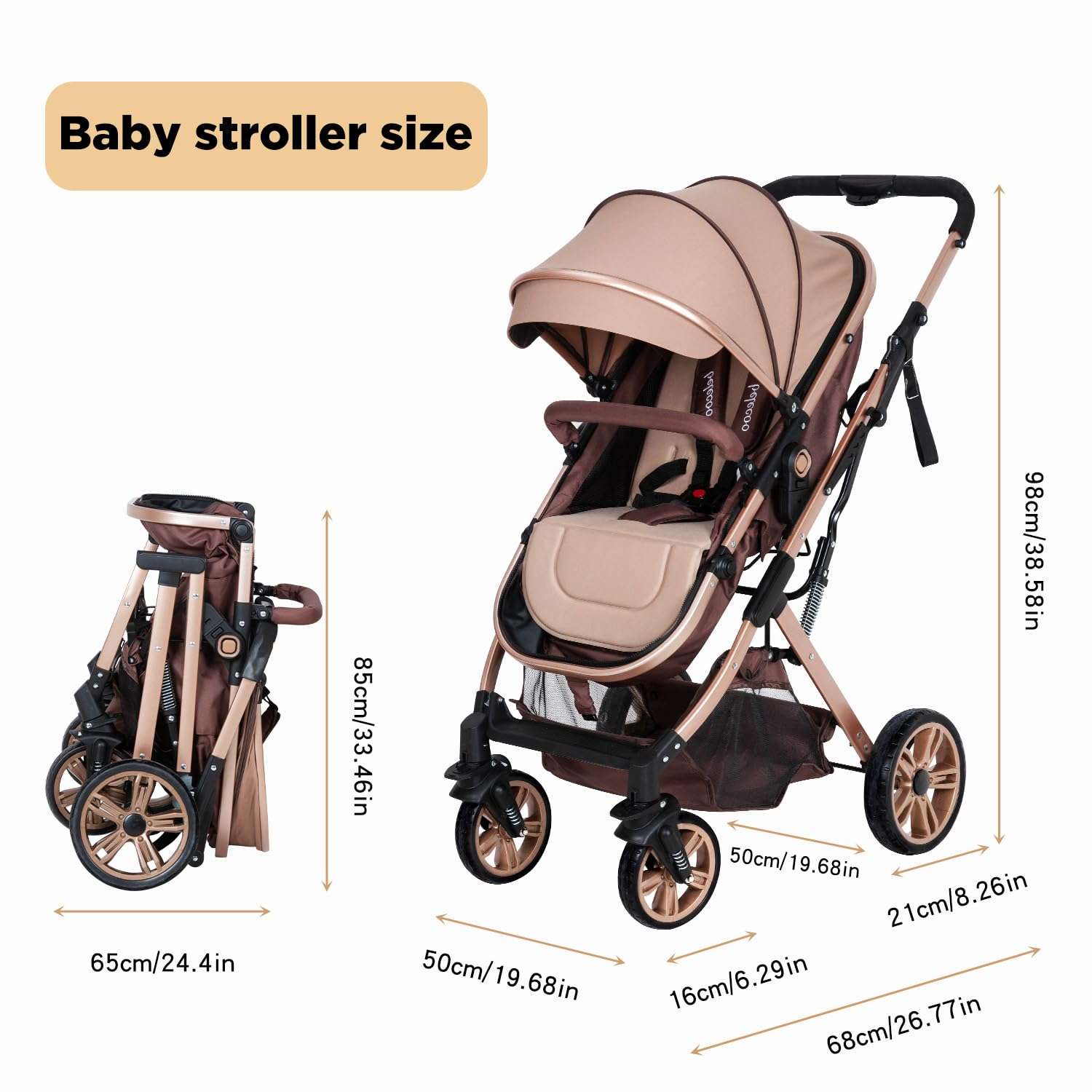 2 in 1 Convertible Baby Stroller Newborn Reversible Bassinet Pram, Foldable Pushchair with Adjustable Canopy Folding High Landscape Infant Carriage, Anti-Shock Toddler Pushchair - 5
