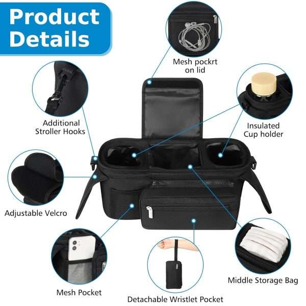 Accmor Universal Stroller Organizer with Insulated Cup Holder Detachable Phone Bag and Shoulder Strap,Stroller Bag Caddy Organizer Accessories Fits for Uppababy, Baby Jogger, Britax Strollers - 4