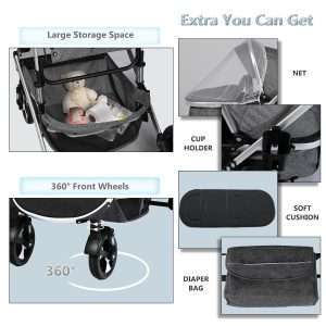 Kinder King 2 in 1 Convertible Baby Stroller, Folding High Landscape Infant Carriage, Newborn Reversible Bassinet Pram, Adjustable Canopy, Diaper Bag, Anti-Shock Toddler Pushchair Dark Grey - 6