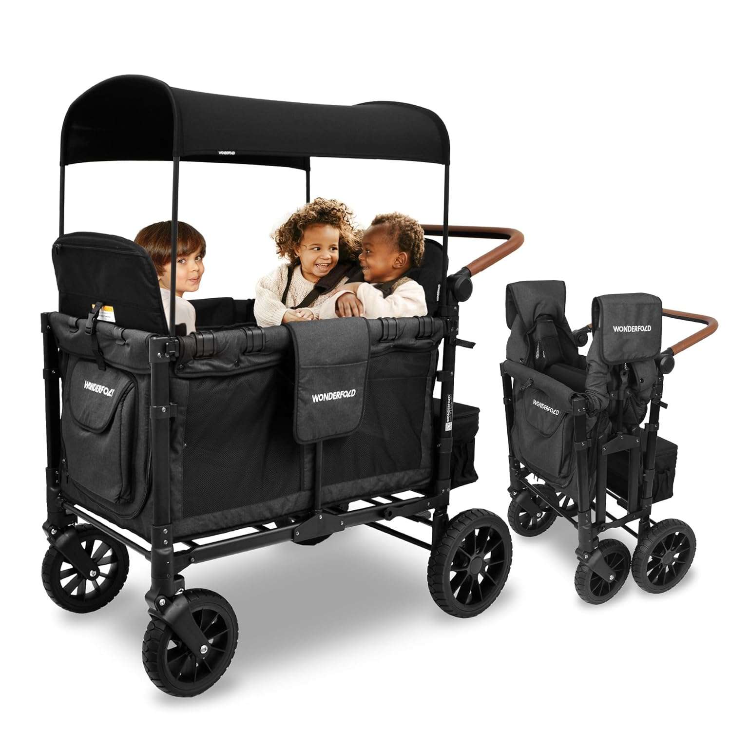 WONDERFOLD W4 Luxe Quad Stroller Wagon (4 Seater) - Collapsible Wagon Stroller with Seats with Magnetic Buckle 5-Point Harnesses and Adjustable Sun Canopy, Black - 1