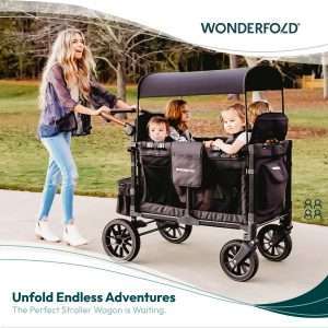 WONDERFOLD W4 Luxe Quad Stroller Wagon (4 Seater) - Collapsible Wagon Stroller with Seats with Magnetic Buckle 5-Point Harnesses and Adjustable Sun Canopy, Black - 2