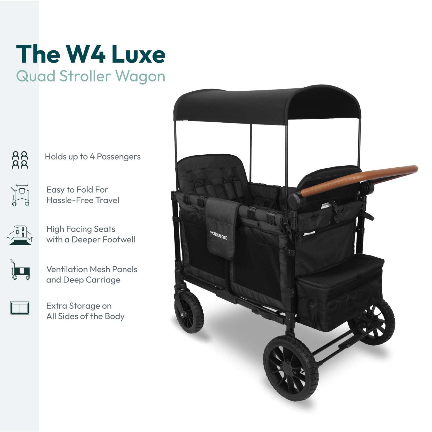 WONDERFOLD W4 Luxe Quad Stroller Wagon (4 Seater) - Collapsible Wagon Stroller with Seats with Magnetic Buckle 5-Point Harnesses and Adjustable Sun Canopy, Black - 3
