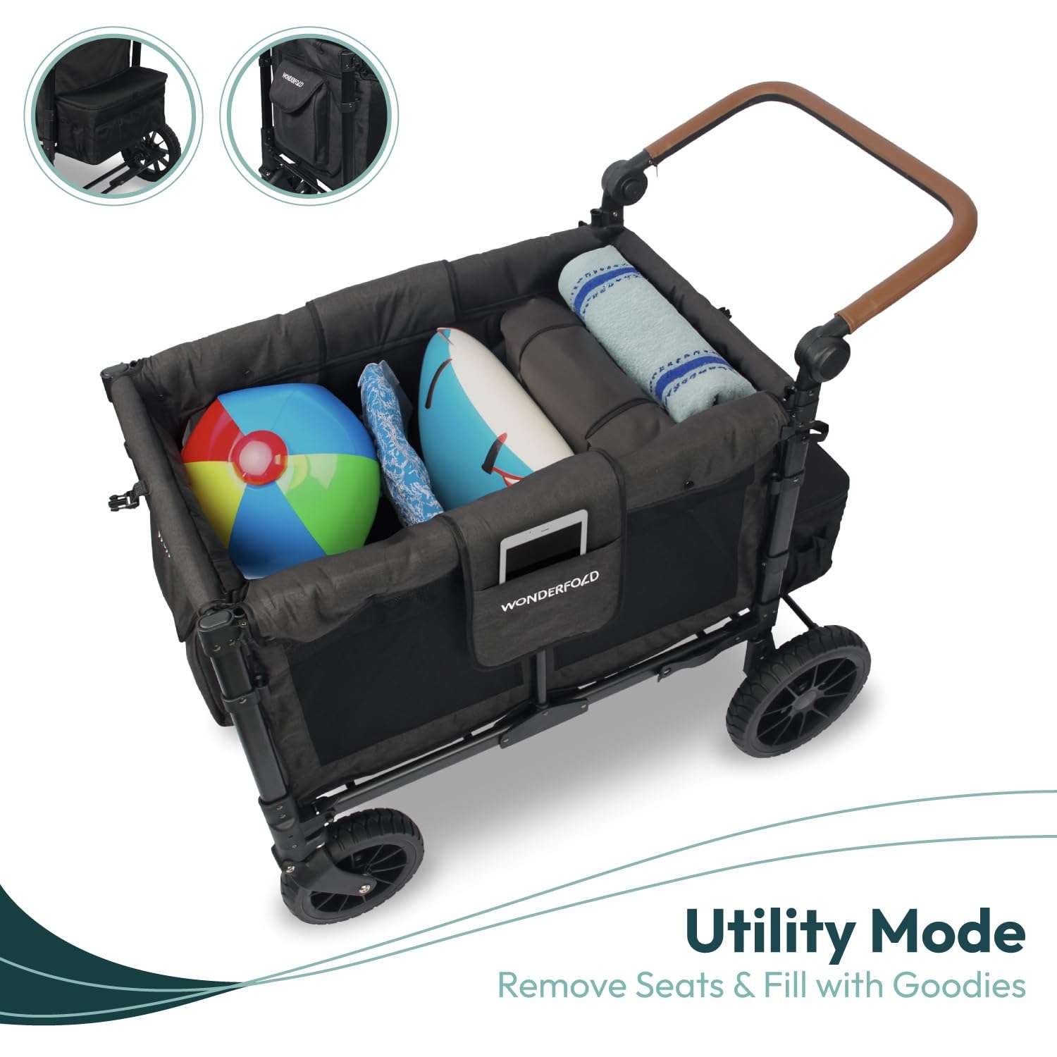 WONDERFOLD W4 Luxe Quad Stroller Wagon (4 Seater) - Collapsible Wagon Stroller with Seats with Magnetic Buckle 5-Point Harnesses and Adjustable Sun Canopy, Black - 6