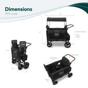 WONDERFOLD W4 Luxe Quad Stroller Wagon (4 Seater) - Collapsible Wagon Stroller with Seats with Magnetic Buckle 5-Point Harnesses and Adjustable Sun Canopy, Black - 7