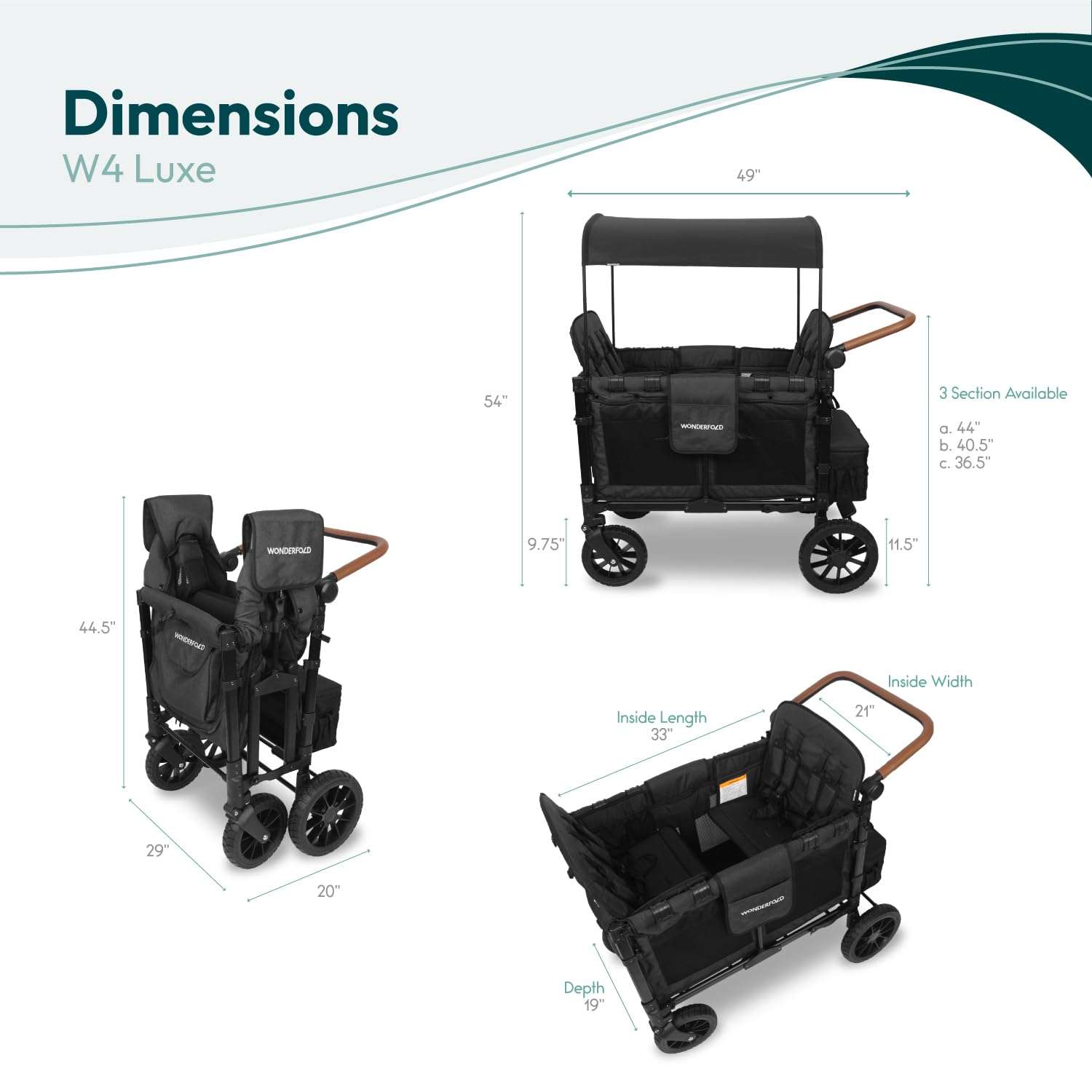 WONDERFOLD W4 Luxe Quad Stroller Wagon (4 Seater) - Collapsible Wagon Stroller with Seats with Magnetic Buckle 5-Point Harnesses and Adjustable Sun Canopy, Black - 7