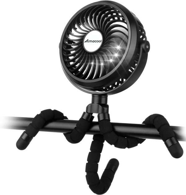 AMACOOL Battery Operated Stroller Fan Flexible Tripod Clip On Fan with 3 Speeds and Rotatable Handheld Personal Fan for Car Seat Crib Bike Treadmill (Black) - 1