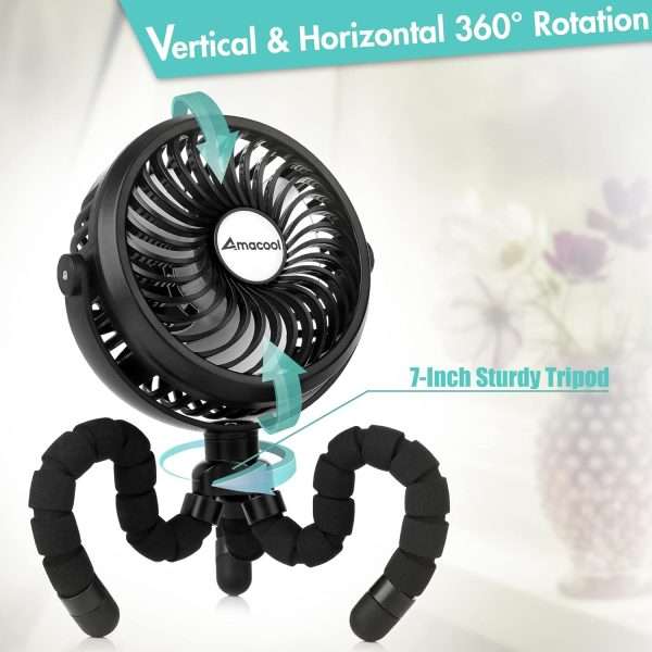 AMACOOL Battery Operated Stroller Fan Flexible Tripod Clip On Fan with 3 Speeds and Rotatable Handheld Personal Fan for Car Seat Crib Bike Treadmill (Black) - 6