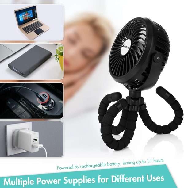 AMACOOL Battery Operated Stroller Fan Flexible Tripod Clip On Fan with 3 Speeds and Rotatable Handheld Personal Fan for Car Seat Crib Bike Treadmill (Black) - 7