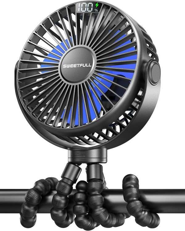 SWEETFULL Portable Stroller Fan with LED Display 4000mAh Battery Powered Mini Clip Fan, 4-Speed Rechargeable Small Personal Fan Handheld Desk Cooling Fan - 1