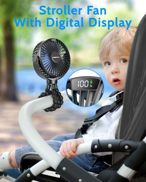 SWEETFULL Portable Stroller Fan with LED Display 4000mAh Battery Powered Mini Clip Fan, 4-Speed Rechargeable Small Personal Fan Handheld Desk Cooling Fan - 2