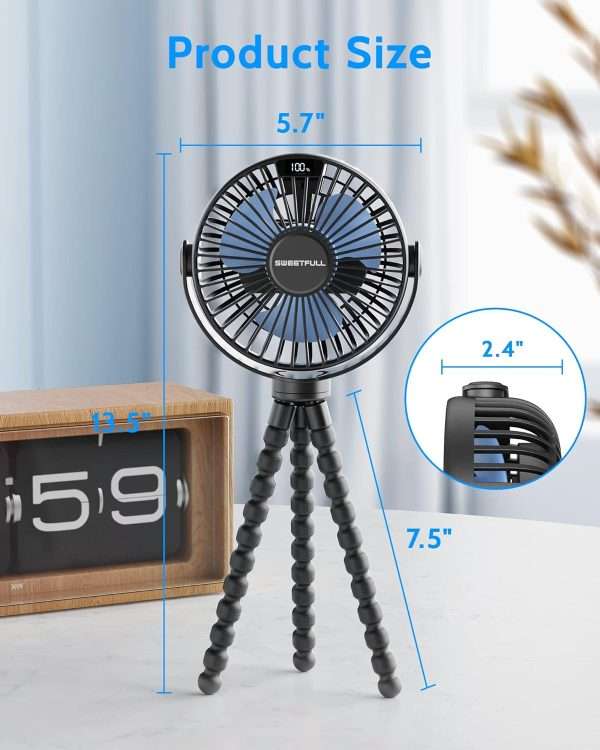 SWEETFULL Portable Stroller Fan with LED Display 4000mAh Battery Powered Mini Clip Fan, 4-Speed Rechargeable Small Personal Fan Handheld Desk Cooling Fan - 6