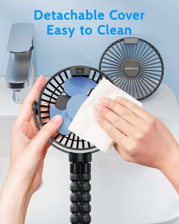 SWEETFULL Portable Stroller Fan with LED Display 4000mAh Battery Powered Mini Clip Fan, 4-Speed Rechargeable Small Personal Fan Handheld Desk Cooling Fan - 8