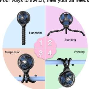 WiHoo Mini Handheld Stroller Fan,Personal Portable Car Seat Baby Fan with Flexible Tripod Fix on Stroller,USB or Battery Operated Desk Fan Adjustable 3 Speeds for Travel Treadmill Golf Cart - 2