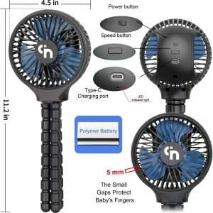 WiHoo Mini Handheld Stroller Fan,Personal Portable Car Seat Baby Fan with Flexible Tripod Fix on Stroller,USB or Battery Operated Desk Fan Adjustable 3 Speeds for Travel Treadmill Golf Cart - 3