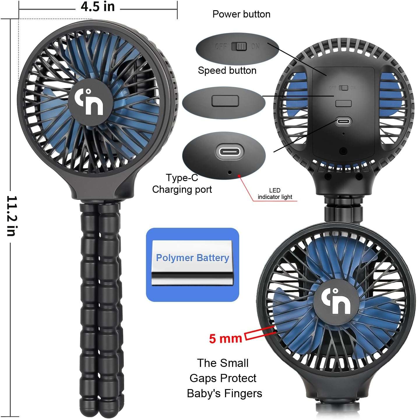 WiHoo Mini Handheld Stroller Fan,Personal Portable Car Seat Baby Fan with Flexible Tripod Fix on Stroller,USB or Battery Operated Desk Fan Adjustable 3 Speeds for Travel Treadmill Golf Cart - 3