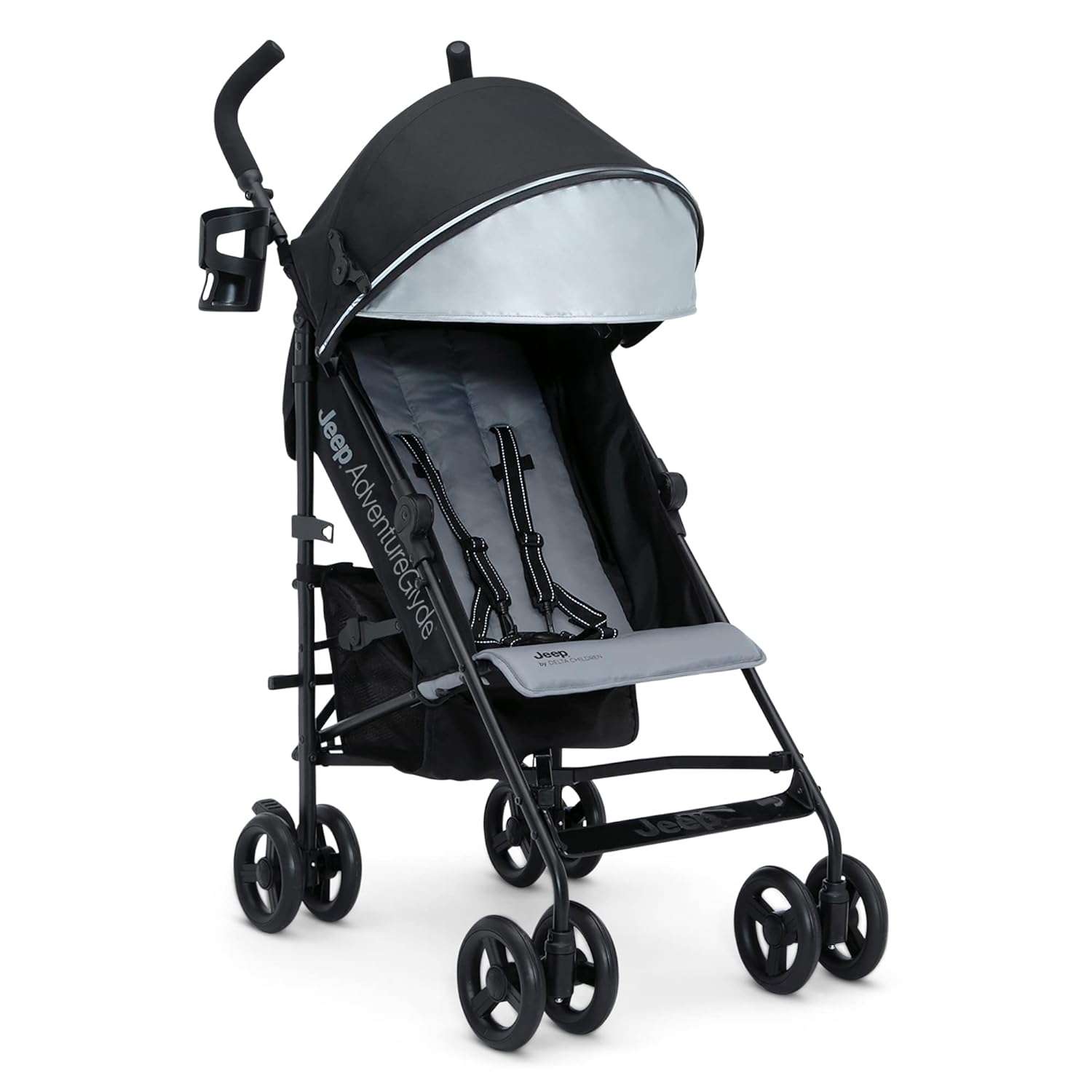 Jeep AdventureGlyde Stroller by Delta Children - Lightweight Travel Stroller with Smoothest Ride & Compact Fold, 3-Position Recline, Extra Large Storage Basket, Black-Grey - 1
