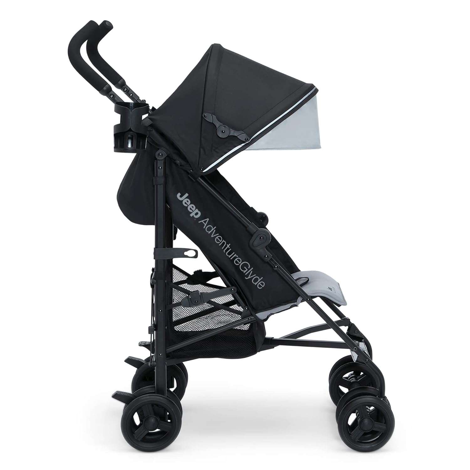 Jeep AdventureGlyde Stroller by Delta Children - Lightweight Travel Stroller with Smoothest Ride & Compact Fold, 3-Position Recline, Extra Large Storage Basket, Black-Grey - 3