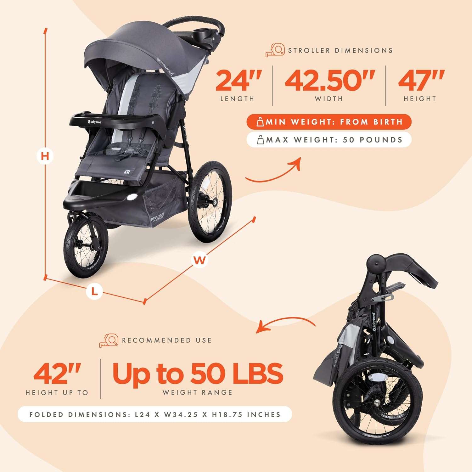 Baby Trend Expedition® Zero Flat Jogger with LED Lights, Dash Grey - 3