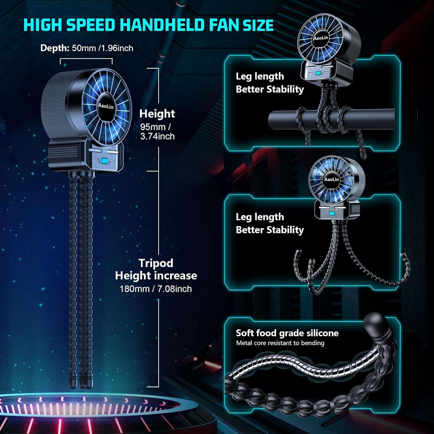 2 Pack Multifunctional Portable Stroller Fan 4 Speed 6600rpm High Speed Usb Rechargeable Personal Mini Handheld Fan Extended Tripod For Desktop Winding Kids Bed Treadmill - 5