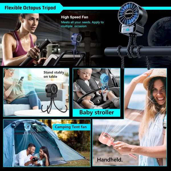 2 Pack Multifunctional Portable Stroller Fan 4 Speed 6600rpm High Speed Usb Rechargeable Personal Mini Handheld Fan Extended Tripod For Desktop Winding Kids Bed Treadmill - 6