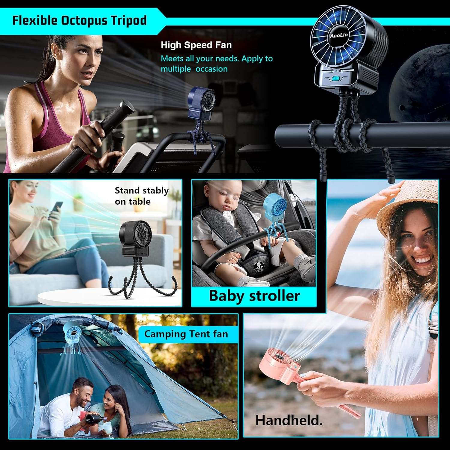 2 Pack Multifunctional Portable Stroller Fan 4 Speed 6600rpm High Speed Usb Rechargeable Personal Mini Handheld Fan Extended Tripod For Desktop Winding Kids Bed Treadmill - 6