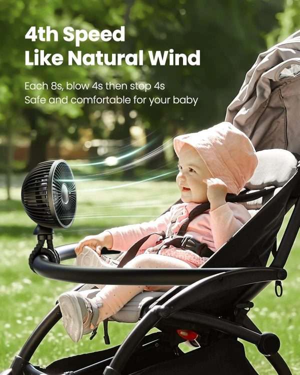 Gaiatop Baby Stroller Fan, 4000mAh Oscillating Mini Portable Fan with Light, 4 Speeds Battery Operated Small Handheld Desk Fan, 360° Rotate Flexible Tripod Clip On Fan - 4