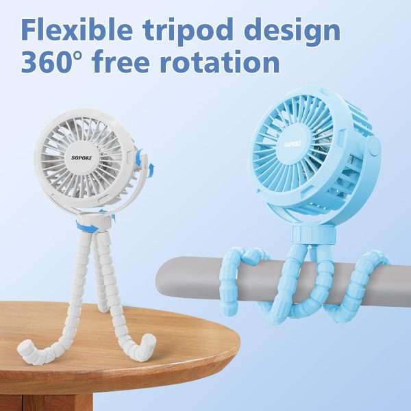 Mini Portable Baby Stroller Fan,3 Speed Personal Handheld Fan,Battery Operated Rechargeable 360° Flexible Tripod Cooling Fan, Suitable for Car Seat Crib Treadmill Golf Cart Travel - 2