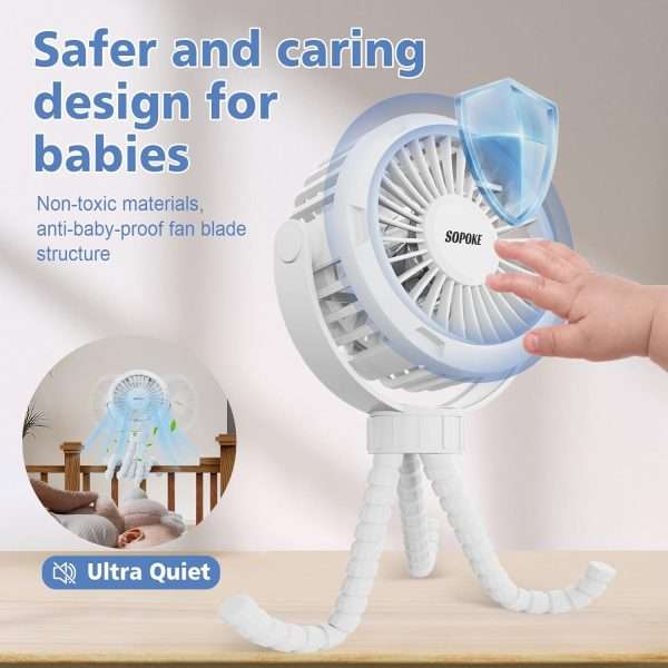 Mini Portable Baby Stroller Fan,3 Speed Personal Handheld Fan,Battery Operated Rechargeable 360° Flexible Tripod Cooling Fan, Suitable for Car Seat Crib Treadmill Golf Cart Travel - 4