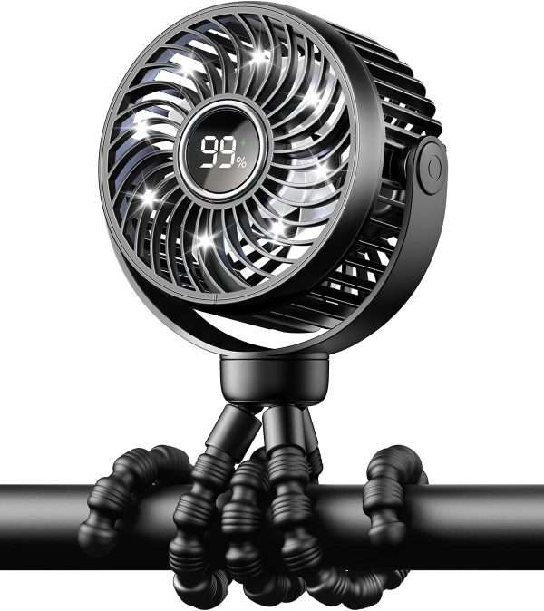 Mini Portable Stroller Fan for Travel,360° Rotation,4-Speed LED Night Light Clip on Fans Operated by Rechargeable Battery, Cordless Fan with Tripod Car Seat Baby Pram - 1