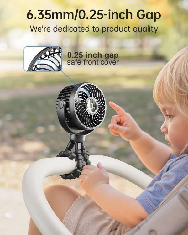 Mini Portable Stroller Fan for Travel,360° Rotation,4-Speed LED Night Light Clip on Fans Operated by Rechargeable Battery, Cordless Fan with Tripod Car Seat Baby Pram - 3