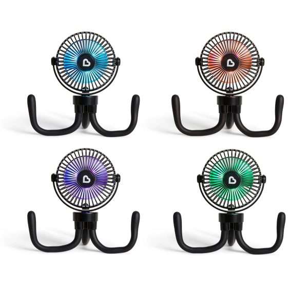 Munchkin Stroller Fan - Portable Fan for Travel, Baby Gear Accessory with 4 Speeds, Flexible Clip-on Leg Attachment, Rechargeable Battery, Black with Multicolored LED Lights - 4