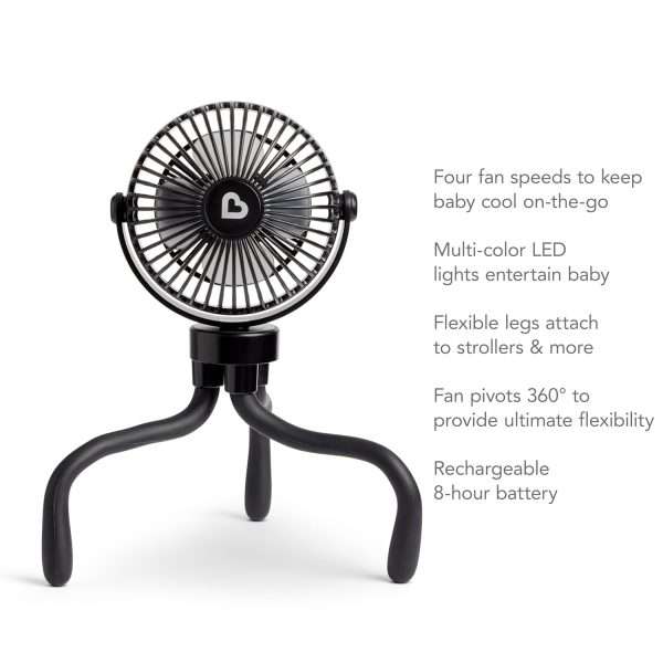 Munchkin Stroller Fan - Portable Fan for Travel, Baby Gear Accessory with 4 Speeds, Flexible Clip-on Leg Attachment, Rechargeable Battery, Black with Multicolored LED Lights - 5