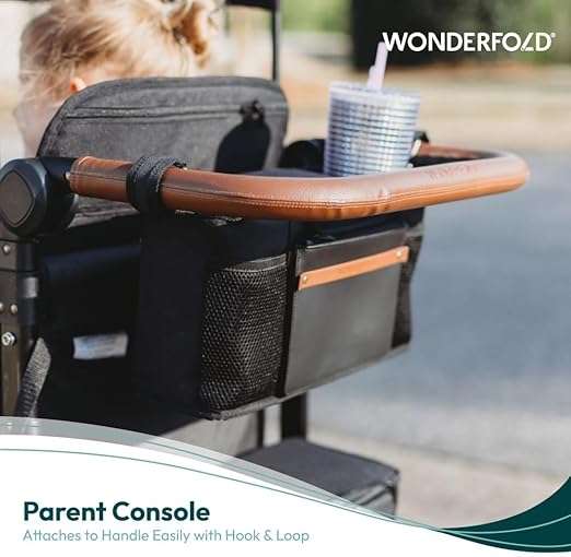 WONDERFOLD Universal Parent Console Stroller Organizer with Insulated Cup Holders, Hook & Loop Closure Handle Attachment, 2 Storage Pockets, Removable Shoulder Strap for Easy Transport - 5