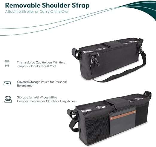 WONDERFOLD Universal Parent Console Stroller Organizer with Insulated Cup Holders, Hook & Loop Closure Handle Attachment, 2 Storage Pockets, Removable Shoulder Strap for Easy Transport - 6