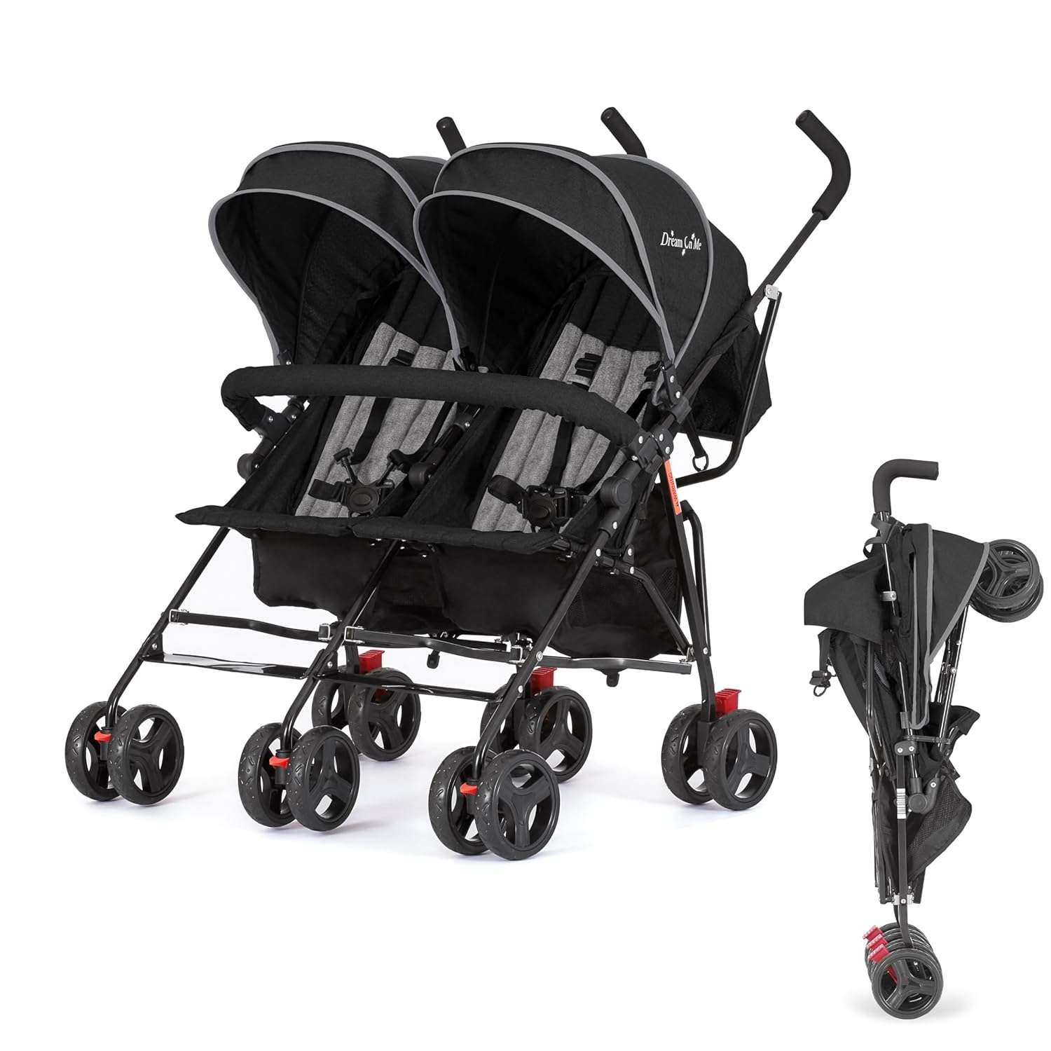 Dream On Me Volgo Twin Umbrella Stroller in Black, Lightweight Double Stroller for Infant & Toddler, Compact Easy Fold, Large Storage Basket, Large and Adjustable Canopy - 1