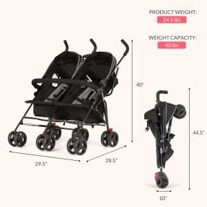 Dream On Me Volgo Twin Umbrella Stroller in Black, Lightweight Double Stroller for Infant & Toddler, Compact Easy Fold, Large Storage Basket, Large and Adjustable Canopy - 3