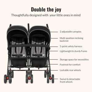 Dream On Me Volgo Twin Umbrella Stroller in Black, Lightweight Double Stroller for Infant & Toddler, Compact Easy Fold, Large Storage Basket, Large and Adjustable Canopy - 6