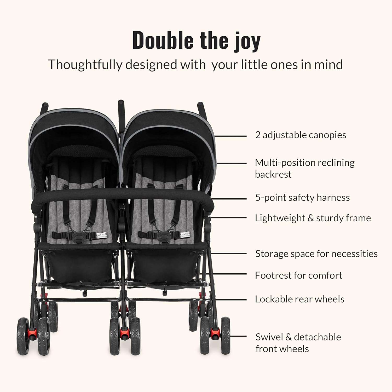 Dream On Me Volgo Twin Umbrella Stroller in Black, Lightweight Double Stroller for Infant & Toddler, Compact Easy Fold, Large Storage Basket, Large and Adjustable Canopy - 6