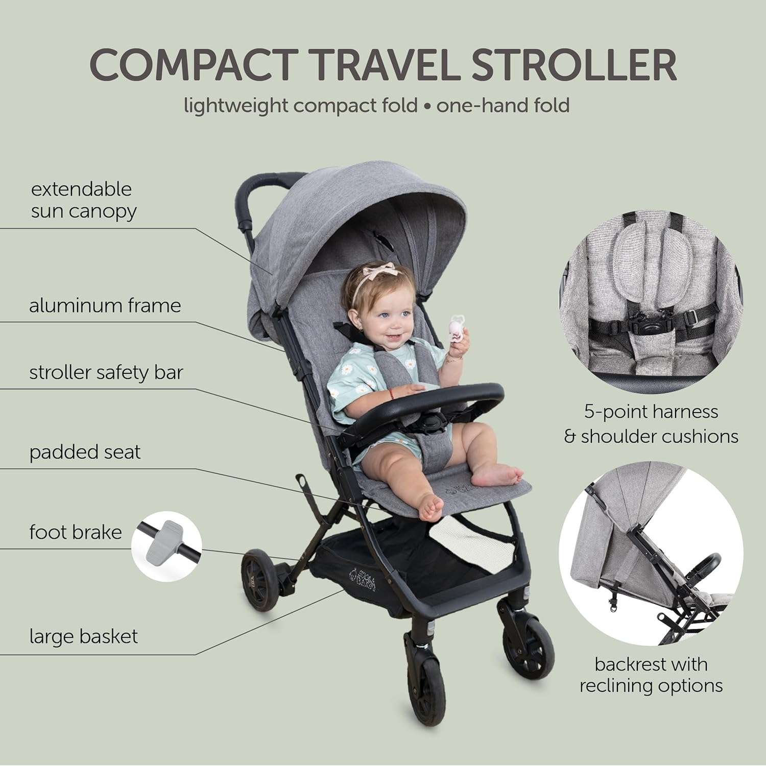Lightweight Travel Stroller for Baby & Toddlers - Easy Fold & Compact Stroller with Canopy, Storage Basket, Multi-Position Recline & Convenient One-Hand Fold (Grey) - Image 6