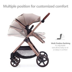 2 in 1 Baby Stroller, Newborn Infant Toddler Convertible Pram Stroller for 0-36 Months Old Babies (Beige) - 3