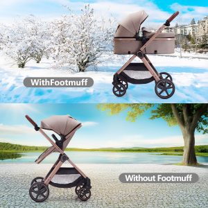 2 in 1 Baby Stroller, Newborn Infant Toddler Convertible Pram Stroller for 0-36 Months Old Babies (Beige) - 4